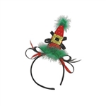 The Holiday Hat Headband is a mini red cone hat attached off center to a standard headband covered in black satin. It's has a black bow and a gold buckle with red and green marabou feathers along the base. One size fits most. 1 per pack. No returns.