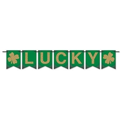 Get lucky this St. Patty's Day when you decorate with the Lucky Streamer. Printed in traditional green, this streamer has individual letters that read "lucky" and has golden four leaf clovers on both sides. Contains one pennant banner per package.