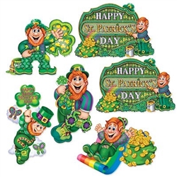 The St Patrick's Day Cutouts are made of cardstock and printed on two sides. Feature leprechauns painting a shamrock, sliding down a rainbow, listening to music, floating in the clouds, Happy St. Patrick's Day sign. Sized from 12 to 14 inches. 6 per pack