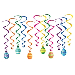 Celebrate all things Easter with these fun, colorful and kinetic Easter Egg Whirls.  Each package comes with 12 whirls.  There are six 17.5" long whirls and six 34" long whirls with Easter egg danglers that are 7" tall.  Easy to hang !