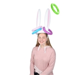 The Inflatable Bunny Ears Ring Toss is made of plastic and includes (1) bunny ears hat with tie chin straps - 16 inches tall, and (4) assorted rings - 7 1/4 inches. No returns. Do not over inflate.