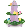 This 13.5 inch tall Easter Egg Stand is a colorful way to display Easter eggs or egg shaped candy. Three shelves contain multiple circular cutouts measuring 1.25 inches in diameter. Center support is lavender with printed multi color eggs. Simple assembly