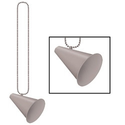 The Silver Beads with Megaphone Medallion (1/pkg) measure 33 inches long with a plastic megaphone attached to the end. Contains one per package. No returns.