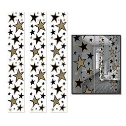 Add some emphasis on star quality at an awards night or VIP theme party by decorating with these fancy Star Party Panels. The panels feature black and gold stars of varying sizes. Each panel measures 12 inches wide by six feet tall. Comes 3 per pack