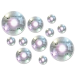 A shiny Disco Ball Cutout printed on double sided card stock material, great for hanging on walls and doors at a retro or disco party. You get 20 different sized ball cutouts in each package.