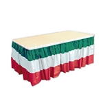 The Red, White, & Green Table Skirting is made of a durable moisture and fade resident plastic material. It measures 29 inches by 14 feet. Comes one (1) per package.