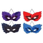The Feather Masks are a beautiful way to hide your identity. Perfect for Mardi Gras or a masquerade ball, these feathered and sequined masks will delight the guests. Each package contains 4 masks: 1 each of blue, red, purple, and black. No returns.