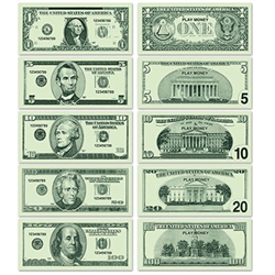 This printed paper Casino Play Money is great to hand out at your casino theme party or poker night.  Each package contains twenty pieces of each denomination, for a total of 100 bills. Hold no actual monetary value.