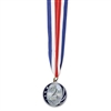 The 2nd Place Medal w/Ribbon is your standard award ribbon and medal. Each 2 inch replica silver medal is engraved with 2nd and is attached to a 32 inch red, white, and blue neck ribbon. Ribbon forms a 16 inch loop for placing around a neck.
