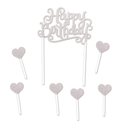 Looking for a classy way to top off that special someone's birthday cake?  This classy silver sparkle Happy Birthday Cake Topper is just the thing.

The topper lettering is 3.75" tall mounted on 6" long food-safe picks.