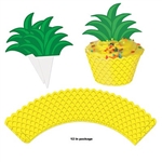 The Pineapple Cupcake Wrappers are made of cardstock and printed on one side only. They measure 8 inches long and 1 ¾ inches wide. Comes with 12 stem toppers which measusre 4 inches long and 3 inches wide. Contains twelve (12) pieces per package.