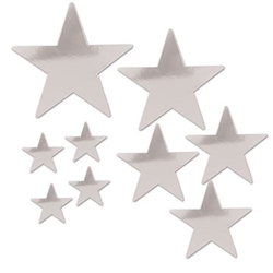 The Silver Pkgd Foil Star Cutouts are made of foil covered cardstock. Sizes range in measurement from 5 to 15 inches. 4 measure 5 inches, 3 measure 9 inches, 1 measures 12 inches, and 1 measures 15 inches. Contains a total of 9 cutouts per package.