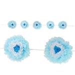 This Light Blue Tissue Flower Garland adds a touch of springtime to any party. Each flower combines layers of blue and white tissue. Each garland contains five 10 inch flowers. Measures 8 feet in length. Simple assembly required