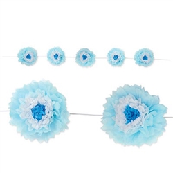 This Light Blue Tissue Flower Garland adds a touch of springtime to any party. Each flower combines layers of blue and white tissue. Each garland contains five 10 inch flowers. Measures 8 feet in length. Simple assembly required