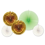 These Assorted Decorative Fans are for you! There are five pieces in this package, including two white fans with gold foil triangles, two gold foil fans and one mint green fan. The sizes of the fans vary from nine inches to 16 inches.