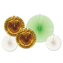 These Assorted Decorative Fans are for you! There are five pieces in this package, including two white fans with gold foil triangles, two gold foil fans and one mint green fan. The sizes of the fans vary from nine inches to 16 inches.