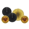 Shiny gold and black foil and paper decorative fans, ideal for adding a burst of color to a New Year's Eve party. Package comes with two gold fans measuring 9 inches, two black fans measuring 12 inches, and 1 large gold fan measuring 16 inches.