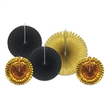Shiny gold and black foil and paper decorative fans, ideal for adding a burst of color to a New Year's Eve party. Package comes with two gold fans measuring 9 inches, two black fans measuring 12 inches, and 1 large gold fan measuring 16 inches.