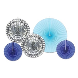 Create a wonderful ceiling display with the beautiful colors of glittered dark blue, silver, and light blue to enhance your party. These Blue and Silver Assorted Paper & Foil Decorative Fans will be a hit at your event. Contains five fans per package.