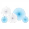 Made from paper material, these light blue and white fans make a beautiful display accent to any party. One large light blue fan measures 16 inches, two white fans measure 12 inches, and two light blue fans measure 8 inches. Contains five fans per package