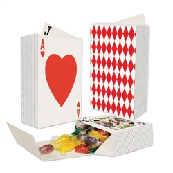 The Deck Of Cards Favor Boxes are made of cardstock and measure 4 in tall and 1.5 inches wide. One the front is the image of an ace of hearts and when opened a king of spades is displayed. Simple assembly required. 3 pieces per package.