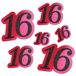The Glittered Foil "16" Cutouts are cerise with a glittery black 16. Made of cardstock with a foil coating. 6 per package. 2 measure 5 inches, 2 measure 9 inches and 2 measure 12 inches.
