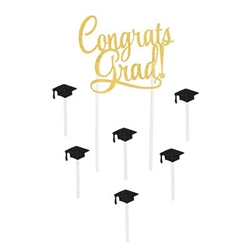 The Congrats Grad! Cake Topper is made of cardstock and reads Congrats Grad! in gold glittered lettering. Printed on one side. Measures 5 inches wide and stands 8 1/2 inches tall. Includes 6 black caps measures 1 1/4 inches atop a 2 1/2 inch pick.