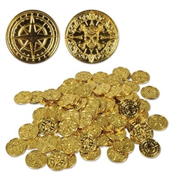 The Plastic Pirate Coins are made of metallic gold plastic and embossed with a design on each side. One side is a pirate skull and crossbones design and the other is a compass rose. They measure 1 1/2 inches across and each package contains 100 coins.