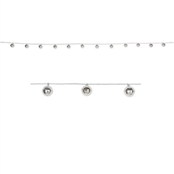 The Disco Ball Garland is made of silver plastic disco balls. Measures 1 1/2 inches by 6 1/2 feet long. Has 12 disco balls per garland. Contains one (1) garland per package.