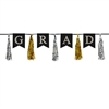 The Grad Tassel Streamer measures 13 inches tall and 6 1/2 feet long. Grad is printed in silver letters on black cardstock with alternating gold and silver tassels. Contains one streamer per package.