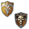 The Shield Cutouts are made of cardstock and printed on two sides with different designs. One side has an eerie skull and the other is an intricate design found on shields. They measure 19 inches wide and 23.5 inches long. Contains 2 cutouts per package.