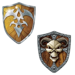 The Shield Cutouts are made of cardstock and printed on two sides with different designs. One side has an eerie skull and the other is an intricate design found on shields. They measure 19 inches wide and 23.5 inches long. Contains 2 cutouts per package.