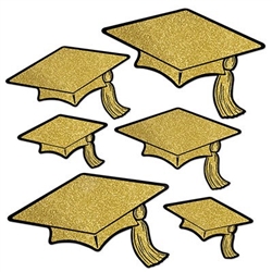 The Gold Glittered Foil Grad Cap Cutouts are made of gold cardstock with gold glitter and printed with black around the edges. Sizes range in measurement from 6 1/2 inches to 14 1/4 inches. Contains 6 pieces per package.