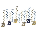 The "21" Whirls are an assortment of blue and gold metallic foil spiral whirls and 6 have cardstock "21" attached to the end and 6 are plain. Sizes range in measurement from 17 inches to 32 inches. Contains 12 whirls per package.