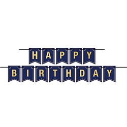 The Foil Happy Birthday Streamer is made of cardstock. It's navy with gold foil lettering and a gold outline around each pennant. Measures 6 inches tall and 12 feet long. Each package contains 1 cord and 13 cards. Simple assembly required. One per package