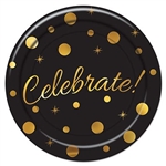 The Celebrate! Dessert Plates are black and decorated with different sized gold circles and starbursts with Celebrate! written in gold script. Measures 7 inches. Contains 8 plates per package.