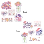 The Mother's Day Cutouts are made of cardstock and printed on two sides with different designs. Sizes range in measurement from 8 3/4 inches to 14 3/4 inches. Contains (6) pieces per package.