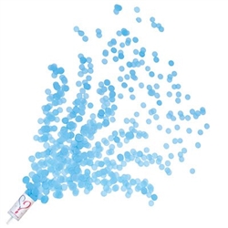 The Gender Reveal Push Up Confetti Poppers - Blue are white and printed with hearts that are half blue and half pink. They are filled with blue tissue confetti. Each package contains 8 confetti poppers with approximately .40 ounces of confetti.