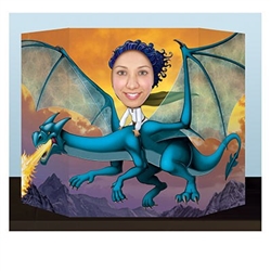 The Fantasy Photo Prop is the image of a fire breathing dragon. Stick your head through the cutout hole and you will appear to be riding the dragon. Made of cardstock. Measures 25 inches tall and 37 inches wide. Printed one side. One per pack.