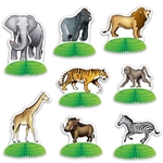 The Jungle Safari Animal Mini Centerpieces are made of cardstock atop a green tissue base. Sizes range from 3 inches to 5 1/2 inches. Features a lion, giraffe, tiger, monkey, warthog, elephant, zebra, and gorilla. Contains 8 per package. Fully Assembled.