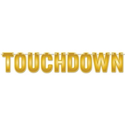 The Touchdown Streamer is made of cardstock and printed on one side only. It has gold toned lettering and measures 7 inches tall and 6 feet long. Contains one (1) per package. Simple assembly required.