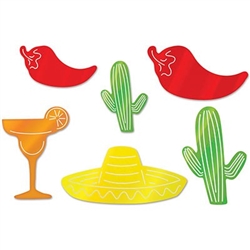 The Foil Fiesta Silhouettes are made of cardstock and printed on two sides with foil on one side. Each package includes an assortment of colorful cutouts of chili's, cacti, a margarita, and a hat. Measure from 8 3/4 inches to 15 1/4 inch. 6 per package.