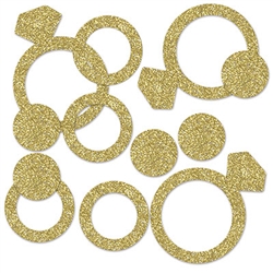 The Diamond Ring Deluxe Sparkle Confetti are made of gold glittered cardstock and are glittered on two sides. Each package includes an assortment of diamond rings (2 1/8 inch), rings (1 1/4 inch), and dots (3/4 inch). Approximately 1/2 ounce per bag.