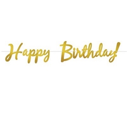 The Foil Happy Birthday Streamer - Gold is made of metallic foil and printed on two sides. Each streamer measures 9 inches tall and 5 feet long. Package includes one ribbon and letters. One per package. Simple assembly required.