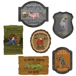The Medieval Tavern Sign Cutouts are made of cardstock and printed on two sides. Sizes range in measurement from 10 3/4 inches to 14 inches. Printed with different funny phrases and pictures. Contains 6 cutouts per package.