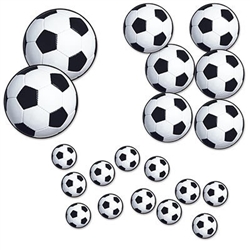 The Soccer Ball Cutouts are made of cardstock and printed on two sides. 12 measure 4 inches, 6 measure 8 inches, 2 measure 12 inches. Contains twenty (20) per package.