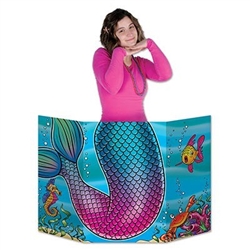 The Mermaid Tail Photo Prop is made of cardstock and printed on two sides with different designs. One side is an underwater view and the other is the underwater outline for you to color it anyway you want. Measures 37 in wide and 25 in tall. One per pack