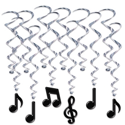 Hang our Musical Note Whirls for your next music themed party and add a classy and interesting aspect to your decor. With black notes suspended from silver whirls the Musical Note Whirls are just the thing for any musical style!