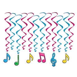 Need color, interest and movement for your music themed party?  Then you need these Neon Musical Notes Whirls!  Each package includes 12 whirls.  Six are 17.5 inches long and six are 32 inches long with 6.5 inch tall attached danglers.