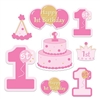 The 1st Birthday Cutouts are made of cardstock and printed on two sides with different colors. One side is pink and the other is purple. Sizes range in measurement from 7 inches to 16 inches. Contains 8 pieces per package.